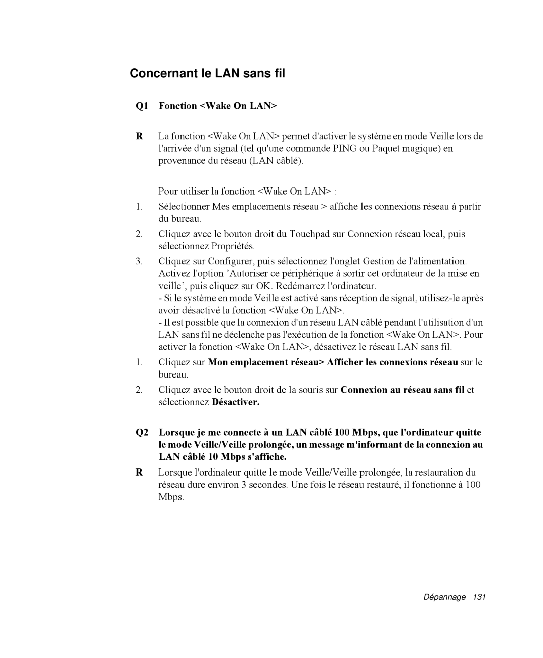 Samsung NP-M50T001/SEF, NP-M50T002/SEF, NP-M50T000/SEF, NP-M50C005/SEF Concernant le LAN sans fil, Q1 Fonction Wake On LAN 