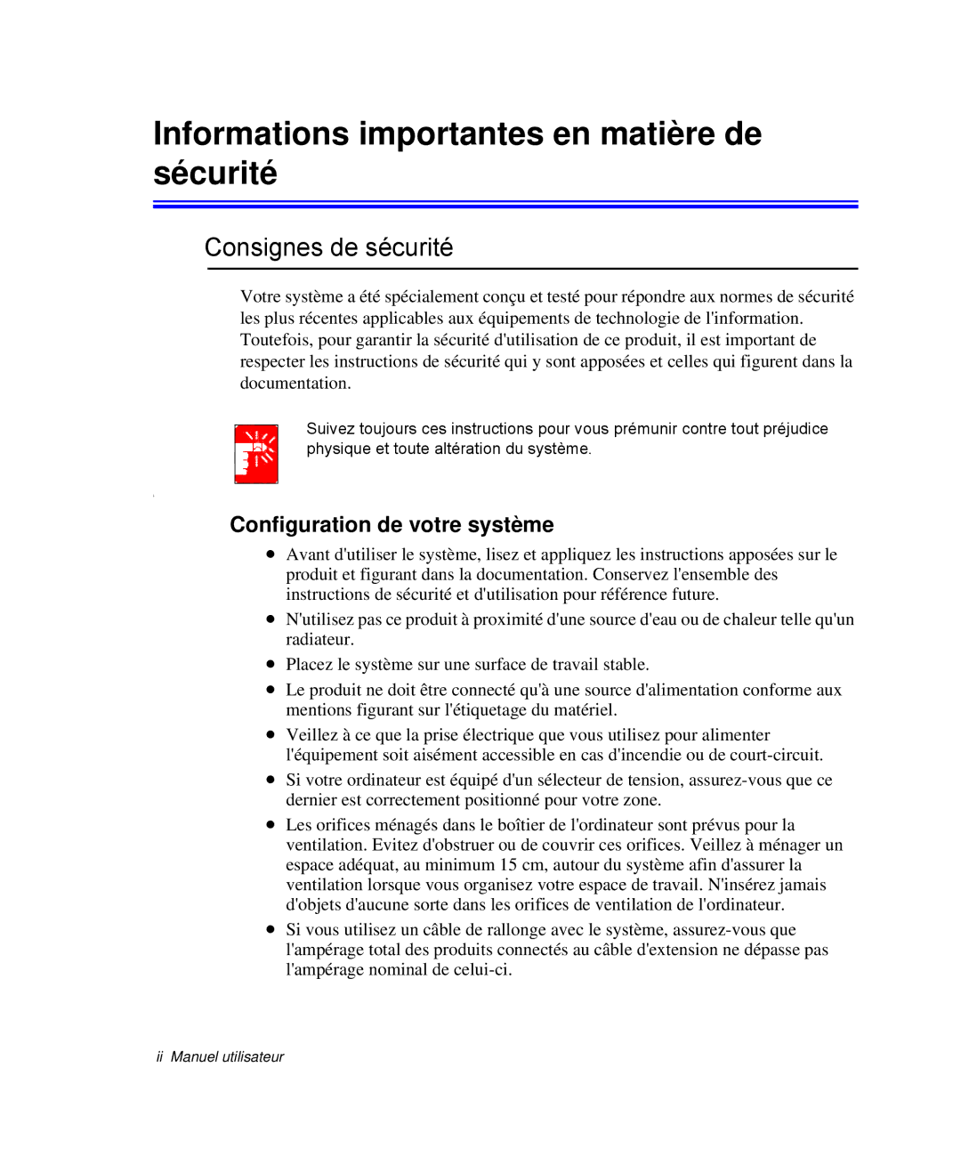 Samsung NP-M50C005/SEF, NP-M50T002/SEF manual Informations importantes en matière de sécurité, Consignes de sécurité 