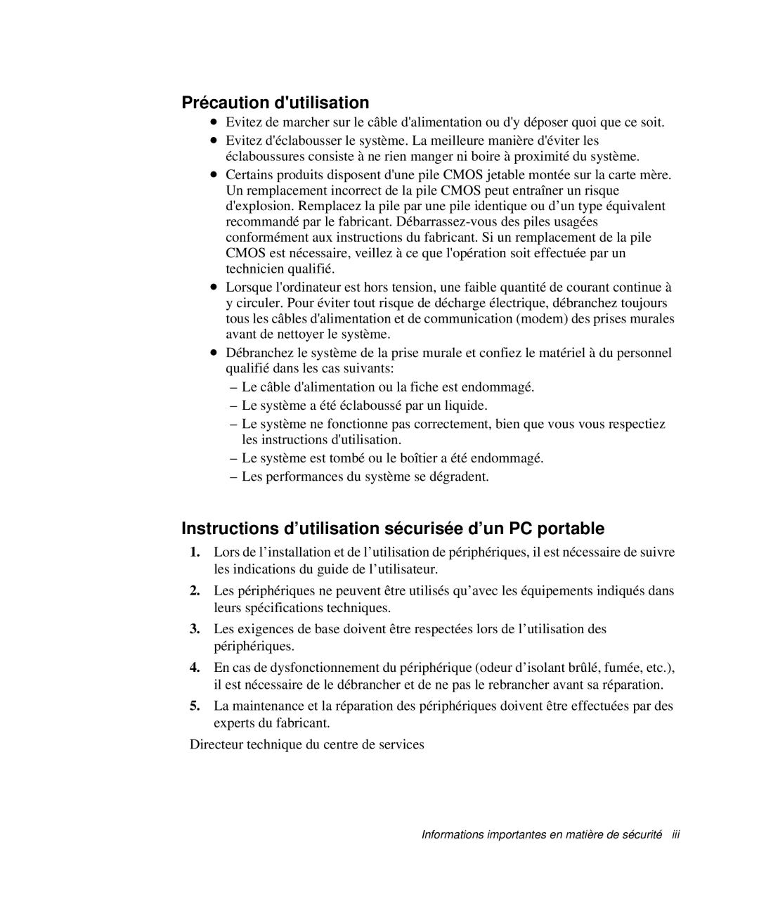 Samsung NP-M50C004/SEF, NP-M50T002/SEF manual Précaution dutilisation, Instructions d’utilisation sécurisée d’un PC portable 