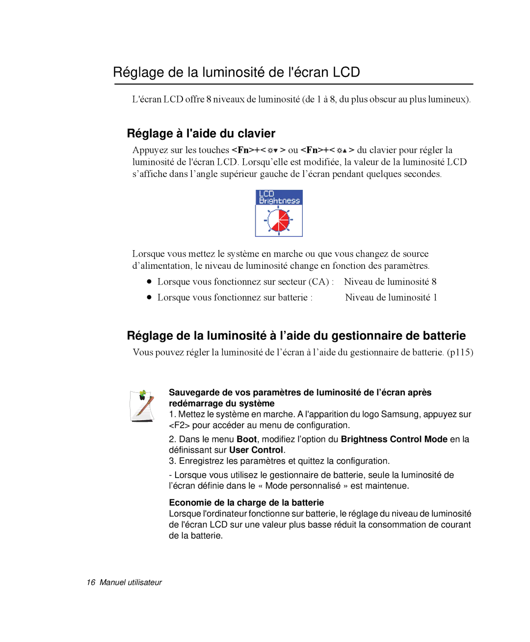 Samsung NP-M50T002/SEF, NP-M50T000/SEF, NP-M50C005/SEF Réglage de la luminosité de lécran LCD, Réglage à laide du clavier 