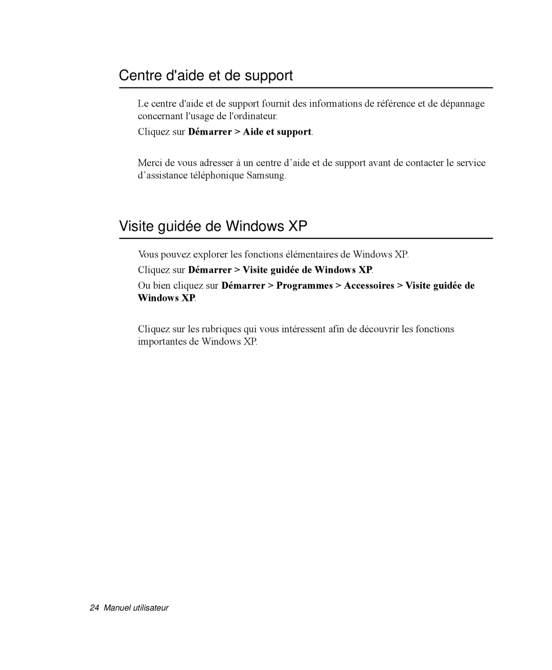 Samsung NP-M50C000/SEF manual Centre daide et de support, Visite guidée de Windows XP, Cliquez sur Démarrer Aide et support 