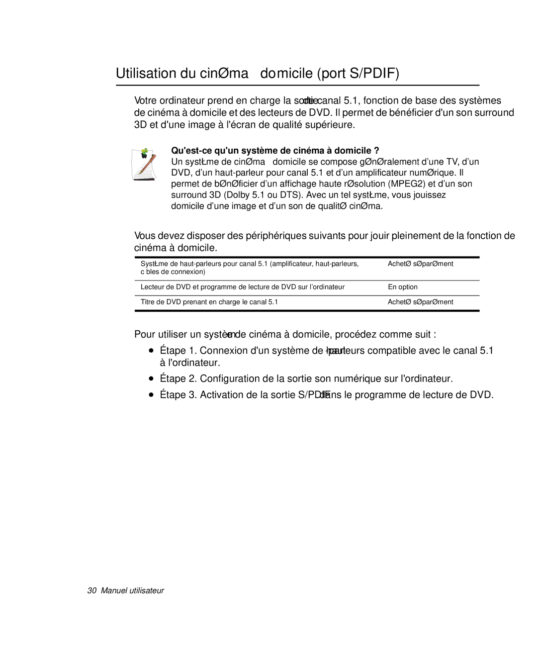 Samsung NP-M50C003/SEF manual Utilisation du cinéma à domicile port S/PDIF, Quest-ce quun système de cinéma à domicile ? 