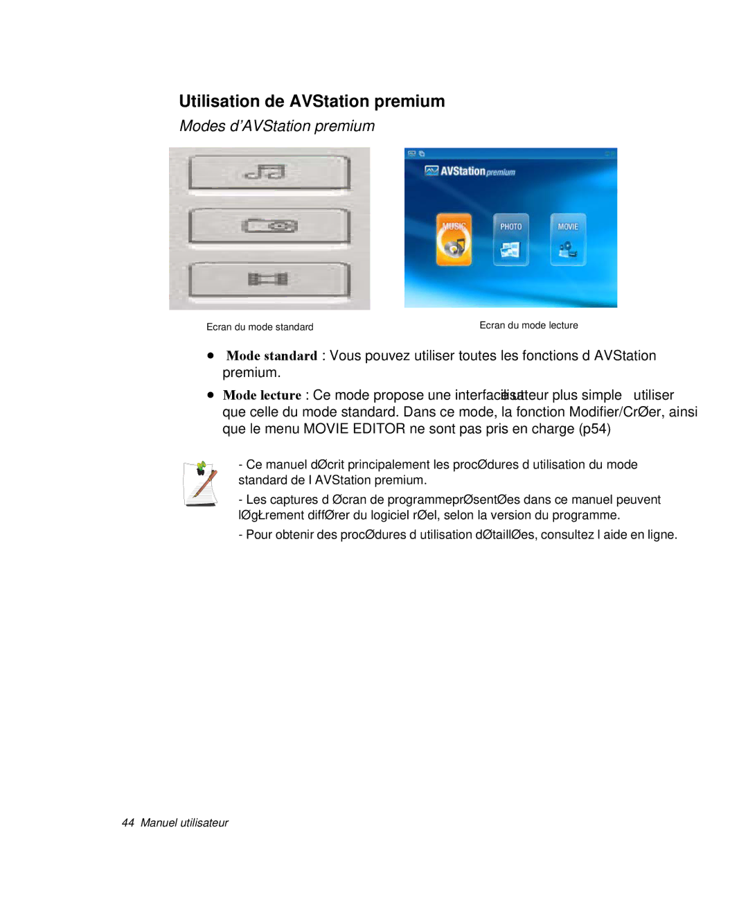 Samsung NP-M50T000/SEF, NP-M50T002/SEF, NP-M50C005/SEF manual Utilisation de AVStation premium, Modes d’AVStation premium 