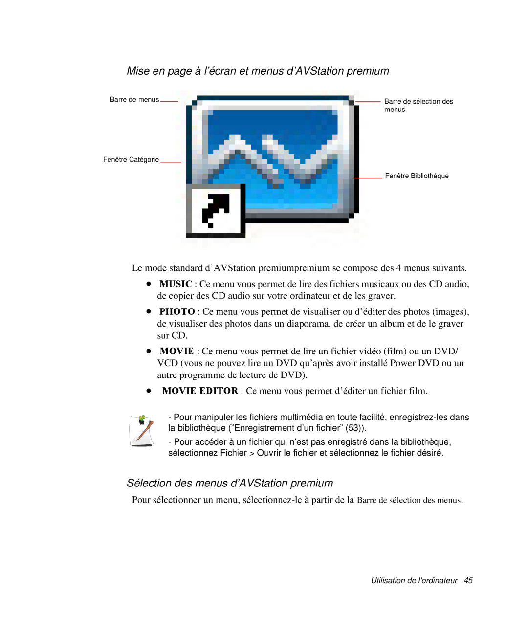 Samsung NP-M50C005/SEF manual Mise en page à l’écran et menus d’AVStation premium, Sélection des menus d’AVStation premium 