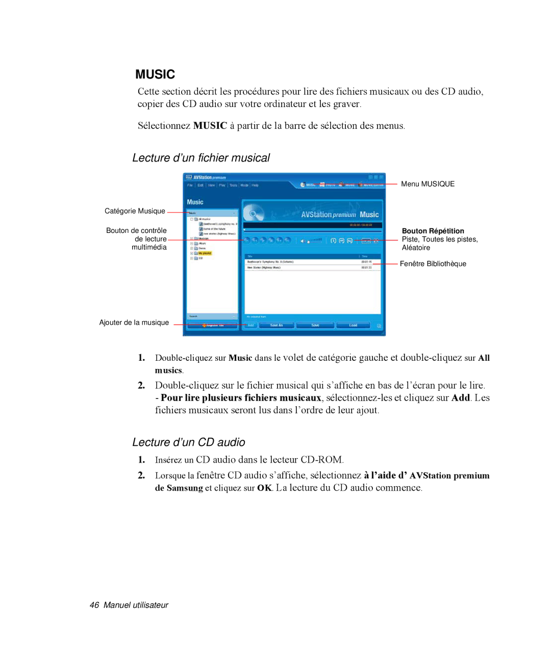 Samsung NP-M50C004/SEF, NP-M50T002/SEF, NP-M50T000/SEF, NP-M50C005/SEF Lecture d’un fichier musical, Lecture d’un CD audio 