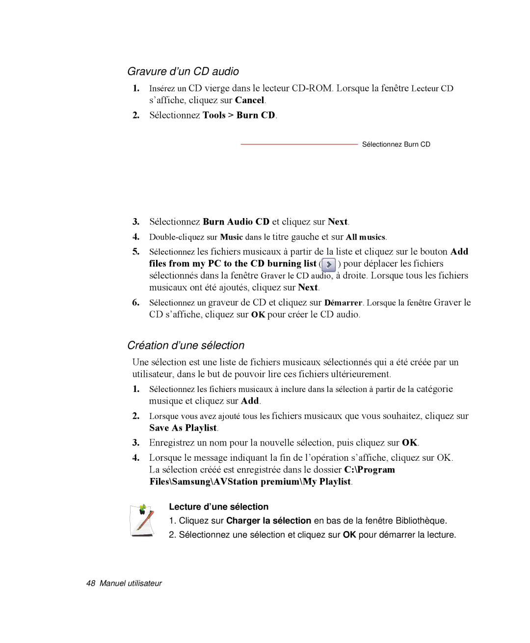 Samsung NP-M50C003/SEF, NP-M50T002/SEF manual Gravure d’un CD audio, Création d’une sélection, Sélectionnez Tools Burn CD 