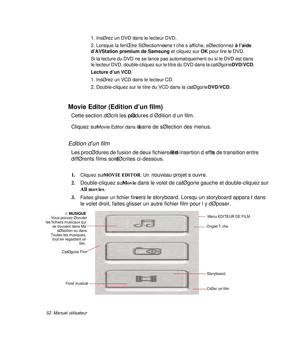 Samsung NP-M50T002/SEF, NP-M50T000/SEF, NP-M50C005/SEF, NP-M50C004/SEF manual Movie Editor Edition d’un film, Lecture d’un VCD 