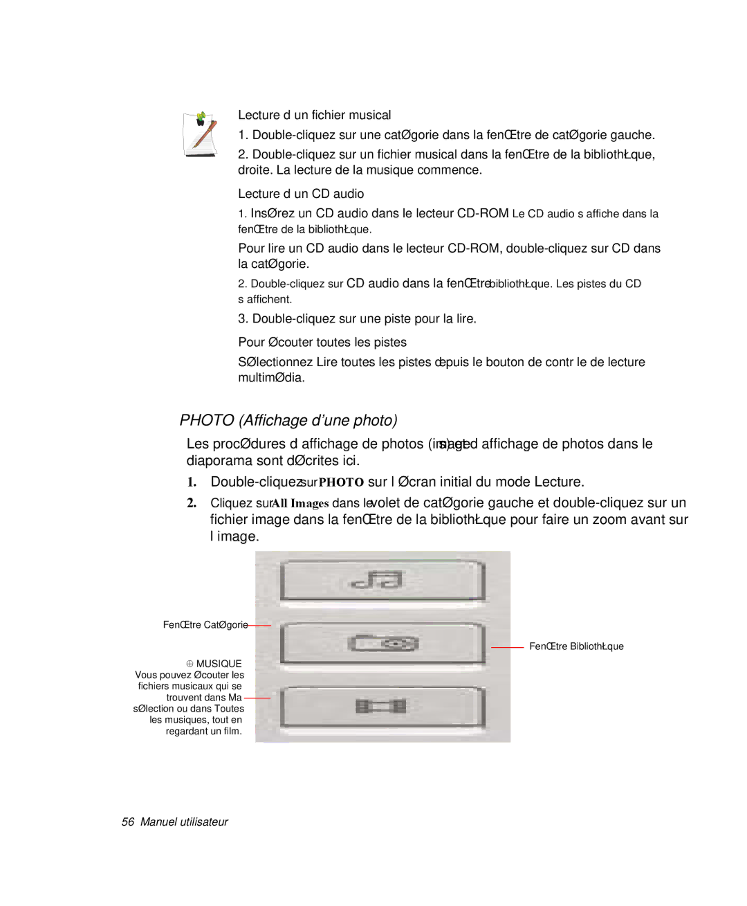 Samsung NP-M50C002/SEF, NP-M50T002/SEF Photo Affichage d’une photo, Lecture d’un fichier musical, Lecture d’un CD audio 