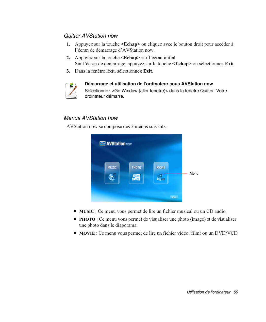 Samsung NP-M50T001/SEF, NP-M50T002/SEF, NP-M50T000/SEF, NP-M50C005/SEF manual Quitter AVStation now, Menus AVStation now 