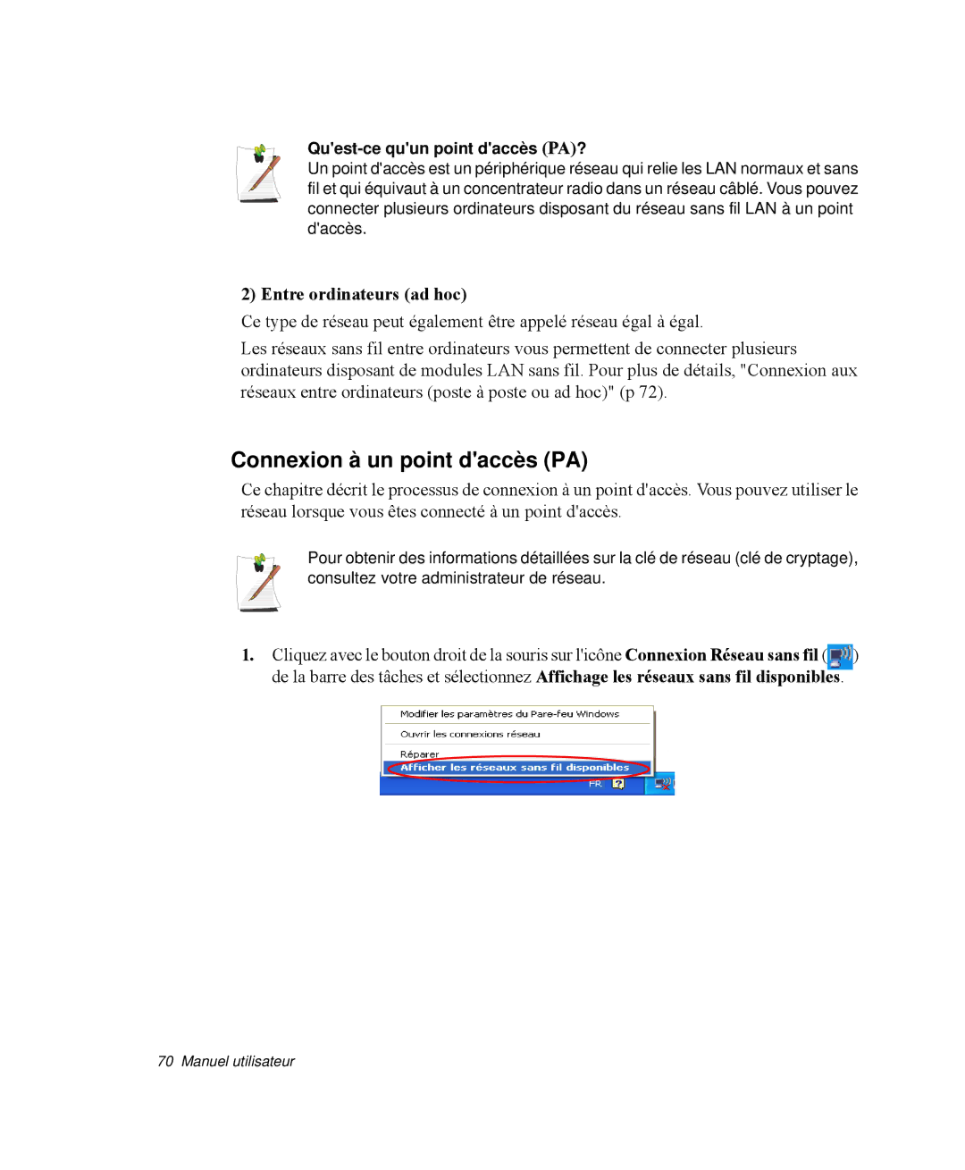 Samsung NP-M50T002/SEF manual Connexion à un point daccès PA, Entre ordinateurs ad hoc, Quest-ce quun point daccès PA? 