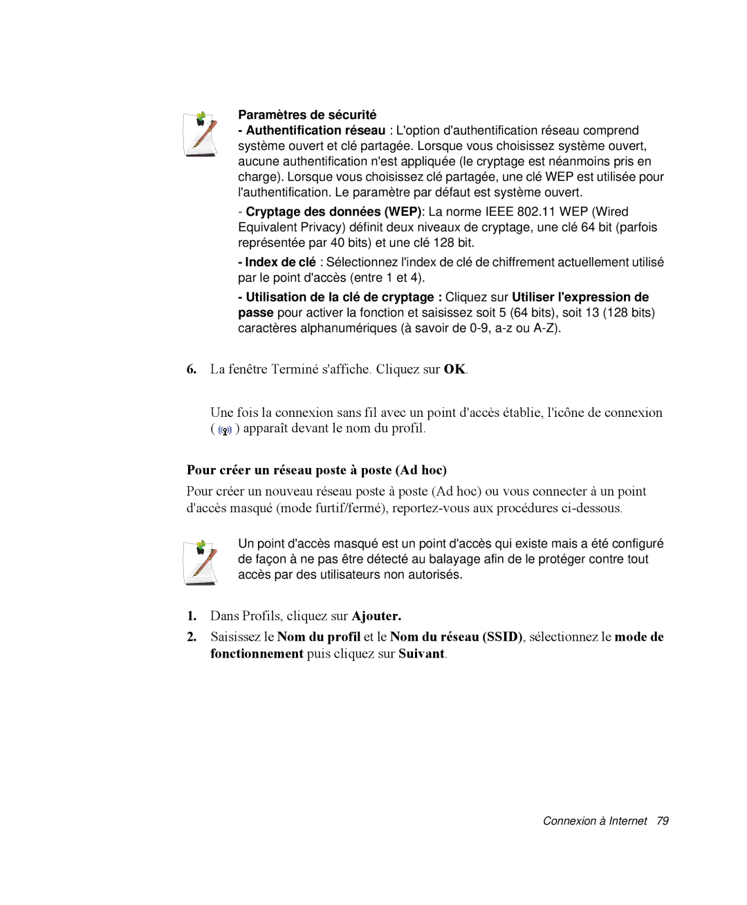 Samsung NP-M50T002/SEF, NP-M50T000/SEF, NP-M50C005/SEF Pour créer un réseau poste à poste Ad hoc, Paramètres de sécurité 