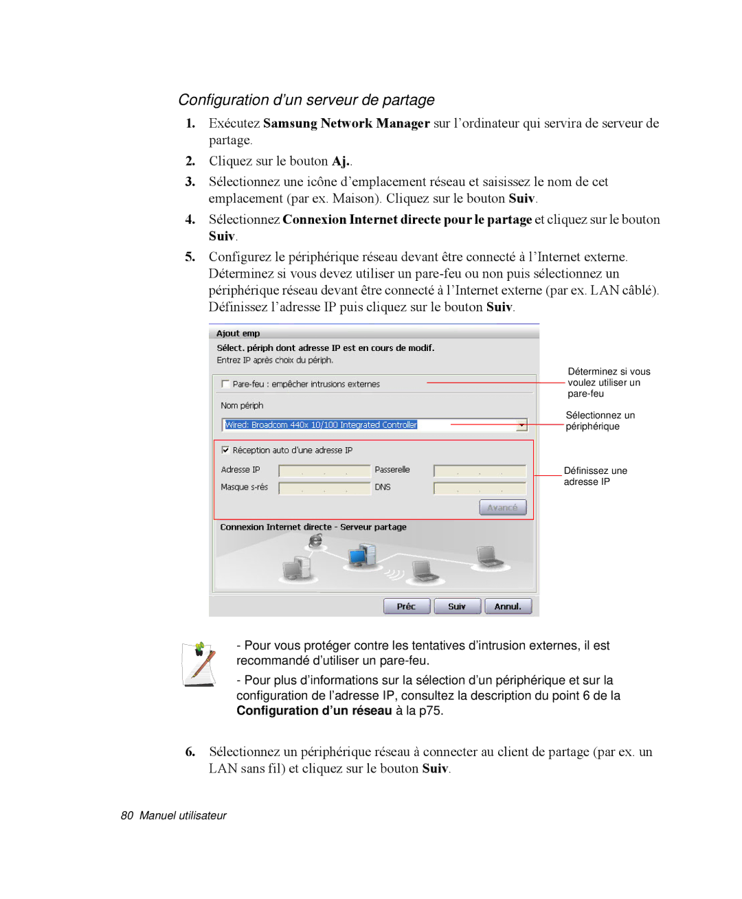 Samsung NP-M55C000/SEF, NP-M55T000/SEF, NP-M55G000/SEF manual Configuration d’un serveur de partage 