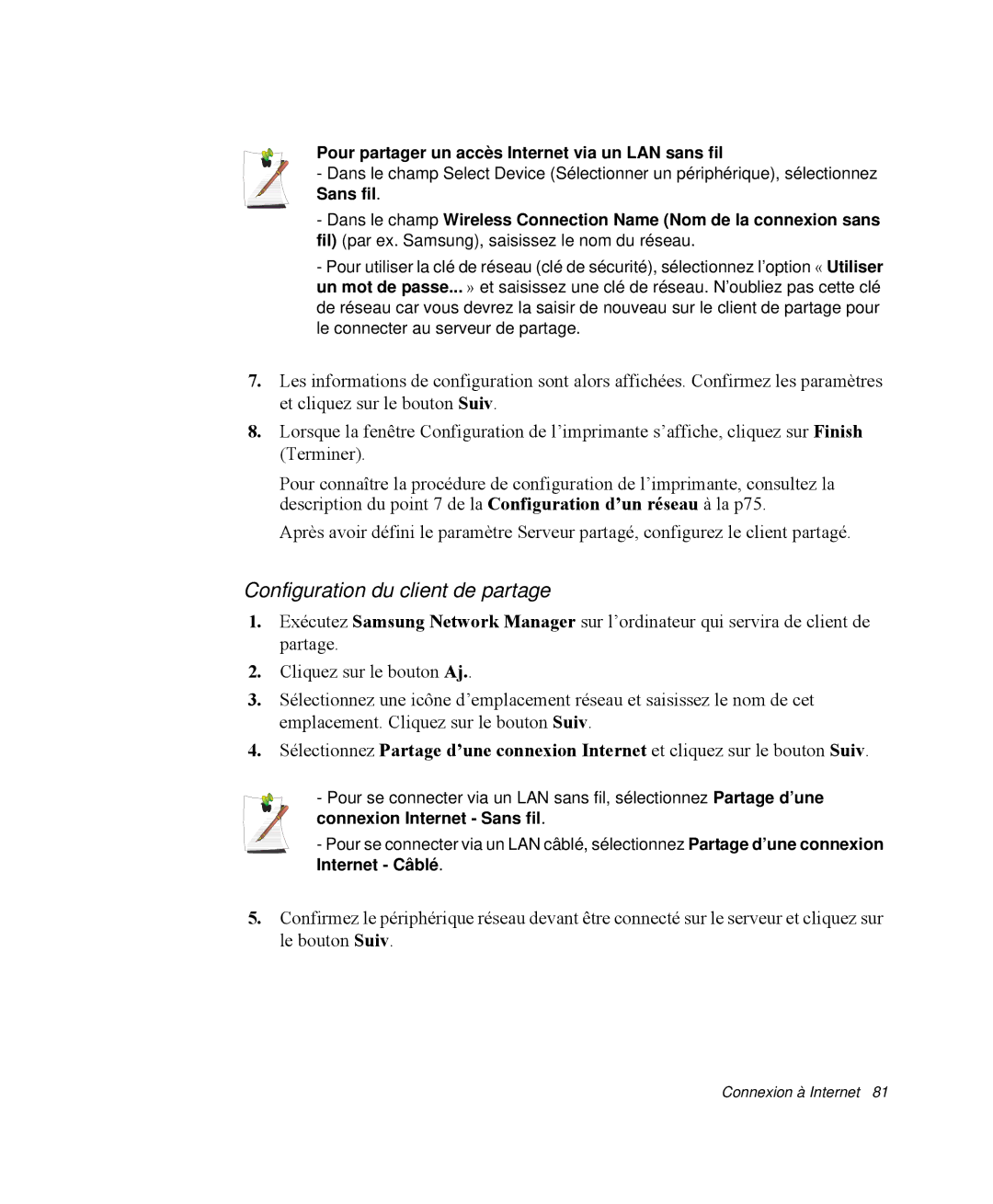 Samsung NP-M55G000/SEF manual Configuration du client de partage, Pour partager un accès Internet via un LAN sans fil 