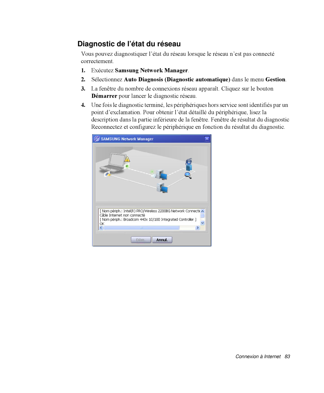 Samsung NP-M55C000/SEF, NP-M55T000/SEF, NP-M55G000/SEF manual Diagnostic de l’état du réseau 