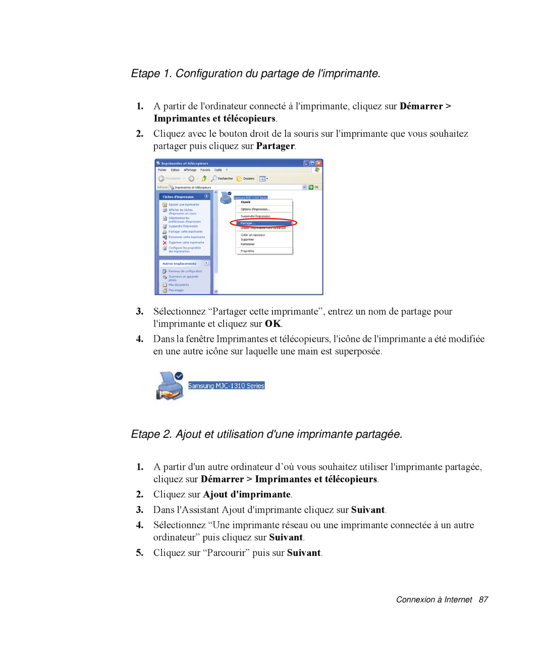 Samsung NP-M55G000/SEF, NP-M55T000/SEF Etape 1. Configuration du partage de limprimante, Cliquez sur Ajout dimprimante 