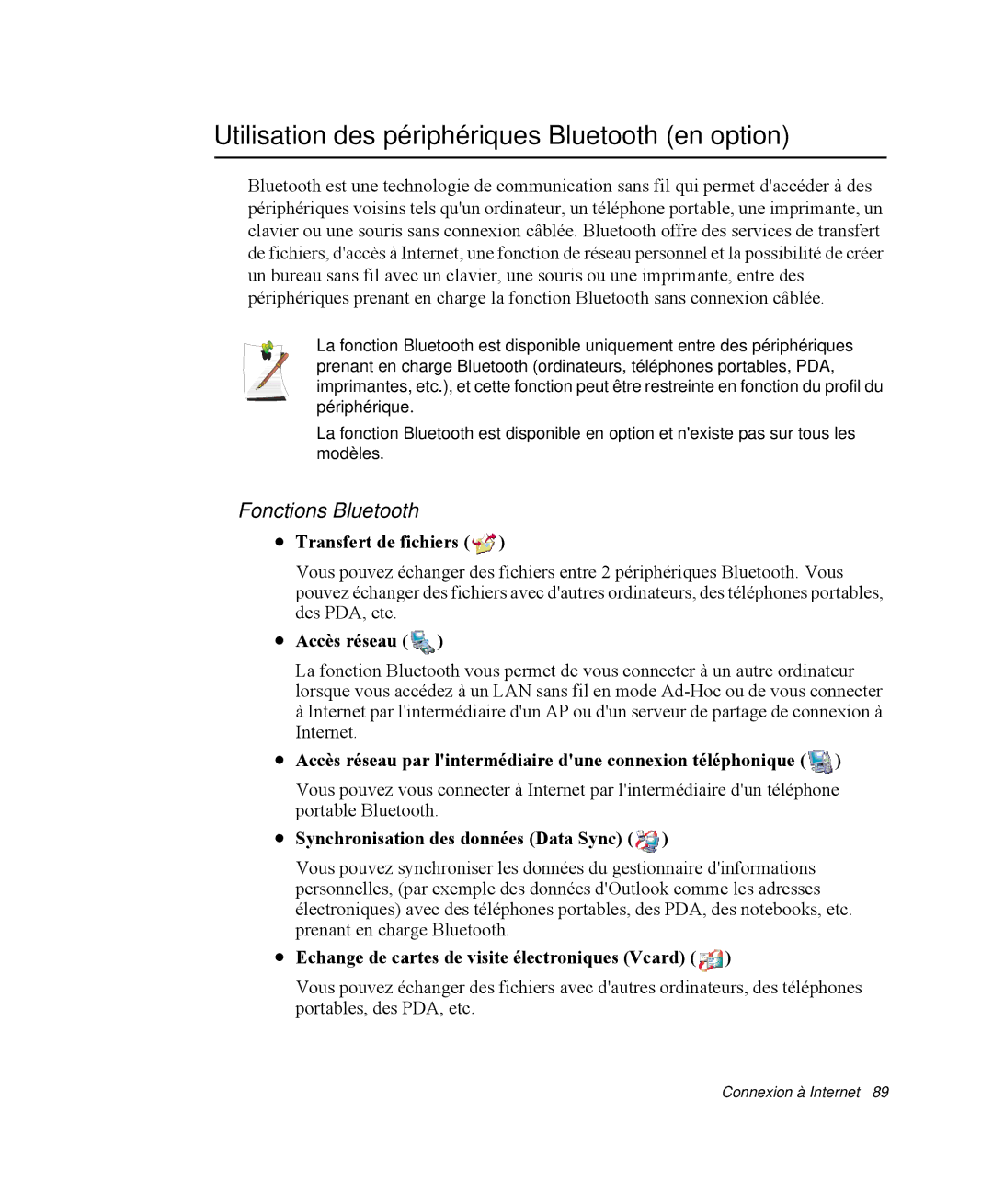 Samsung NP-M55C000/SEF manual Utilisation des périphériques Bluetooth en option, Fonctions Bluetooth, Transfert de fichiers 