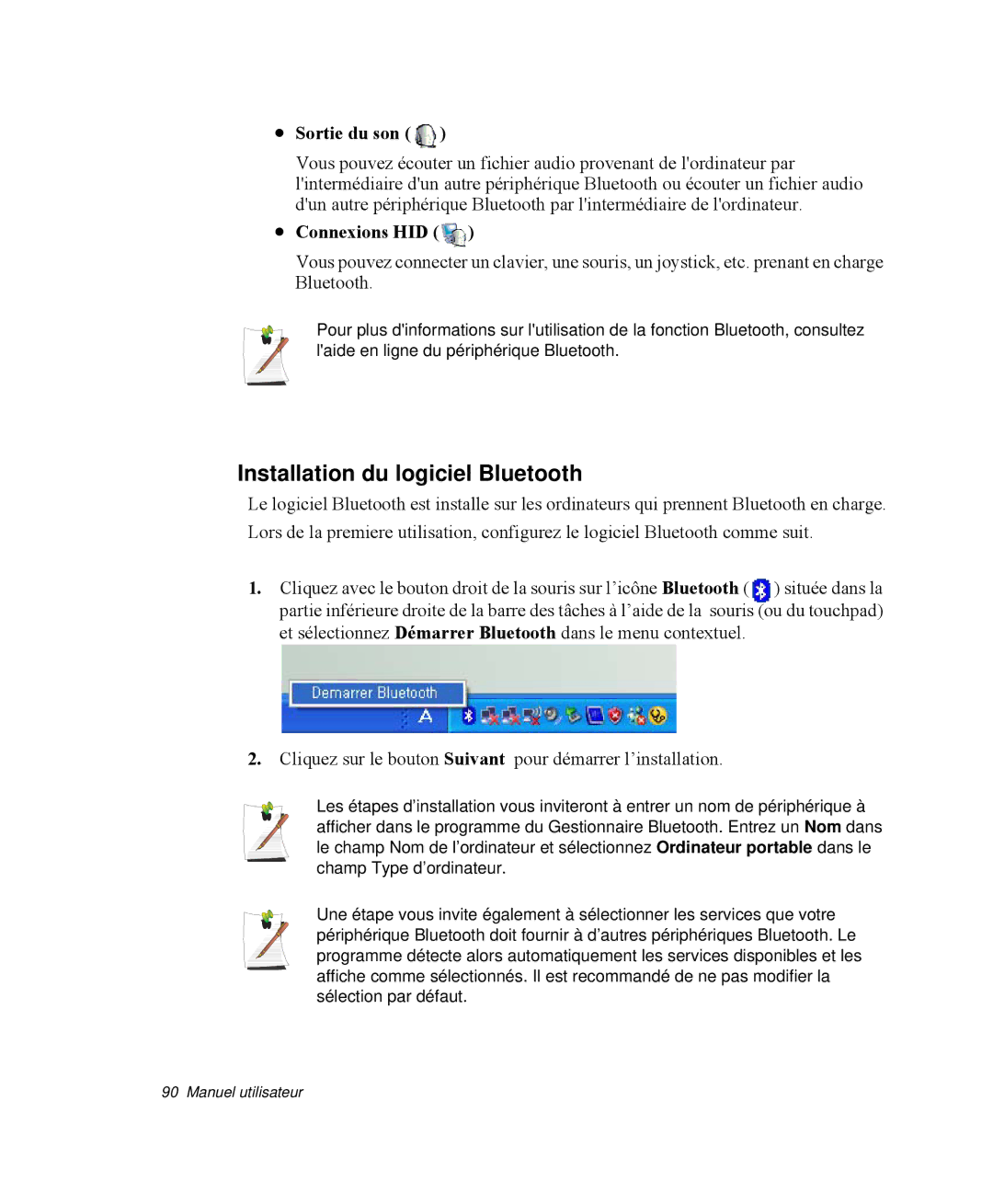 Samsung NP-M55G000/SEF, NP-M55T000/SEF, NP-M55C000/SEF Installation du logiciel Bluetooth, Sortie du son, Connexions HID 