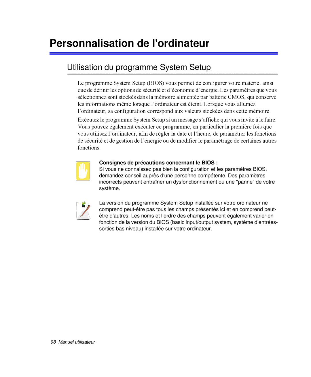 Samsung NP-M55C000/SEF, NP-M55T000/SEF manual Personnalisation de lordinateur, Utilisation du programme System Setup 