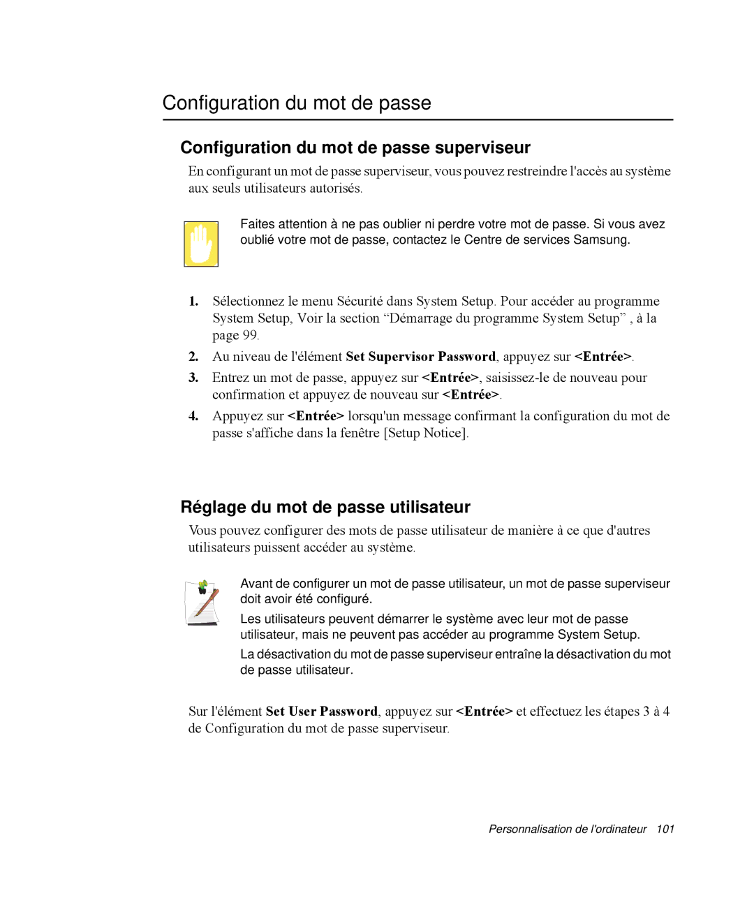 Samsung NP-M55C000/SEF, NP-M55T000/SEF Configuration du mot de passe superviseur, Réglage du mot de passe utilisateur 