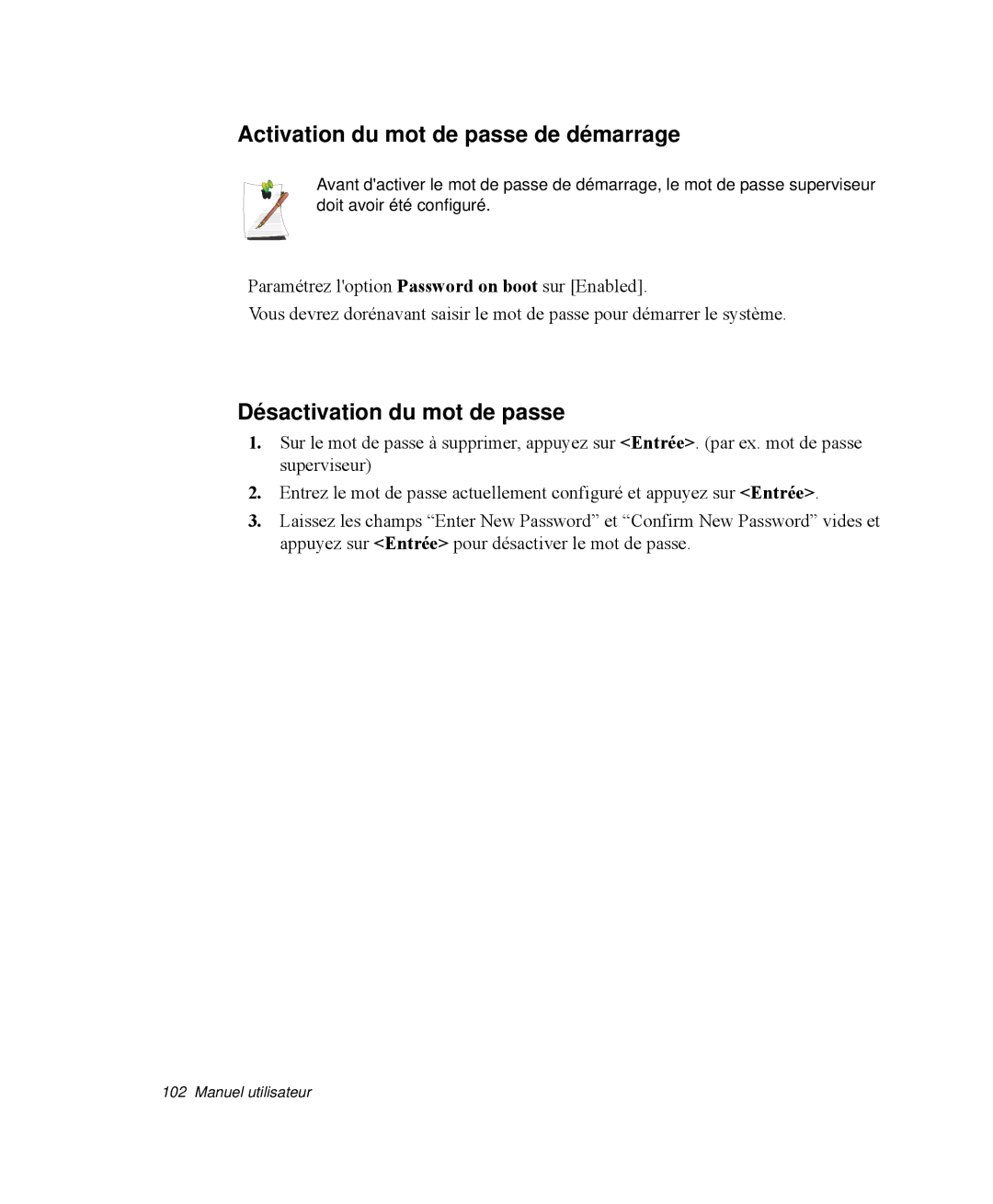 Samsung NP-M55G000/SEF, NP-M55T000/SEF manual Activation du mot de passe de démarrage, Désactivation du mot de passe 