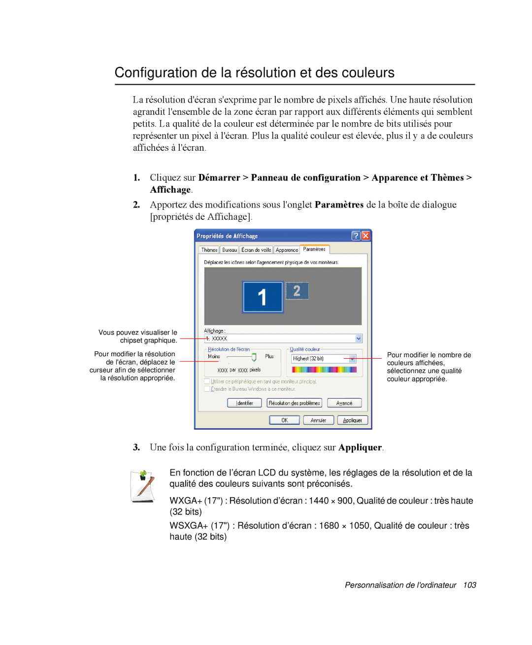 Samsung NP-M55T000/SEF, NP-M55C000/SEF, NP-M55G000/SEF manual Configuration de la résolution et des couleurs 