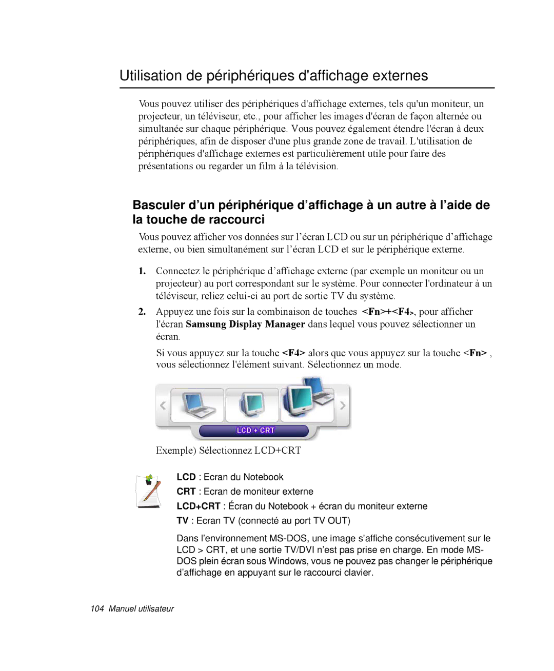 Samsung NP-M55C000/SEF, NP-M55T000/SEF, NP-M55G000/SEF manual Utilisation de périphériques daffichage externes 