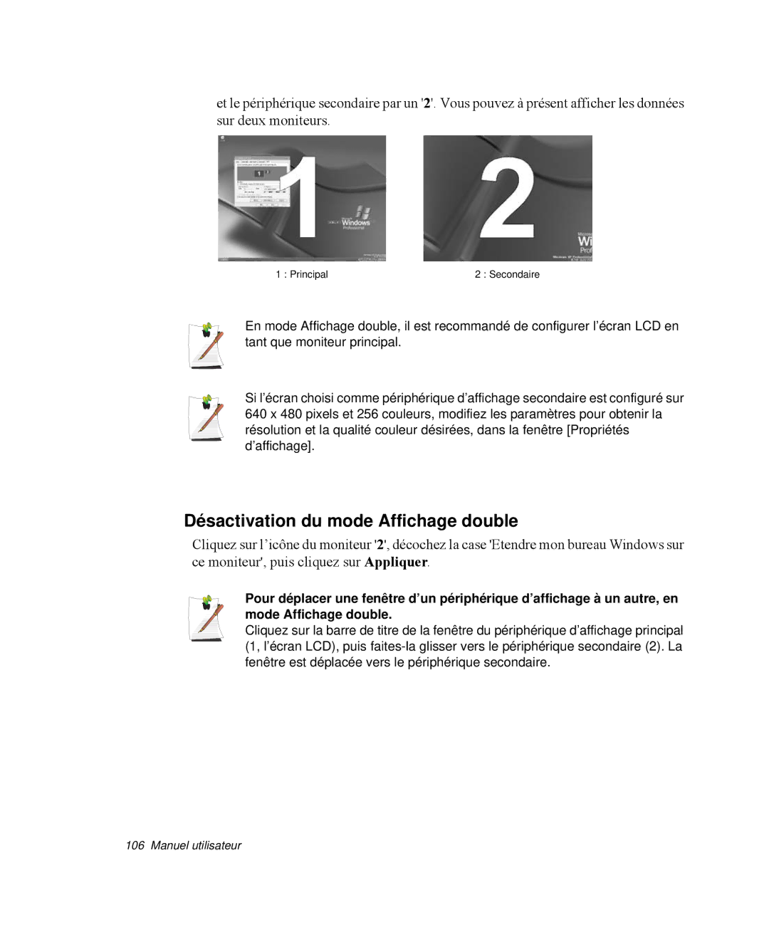 Samsung NP-M55T000/SEF, NP-M55C000/SEF, NP-M55G000/SEF manual Désactivation du mode Affichage double 