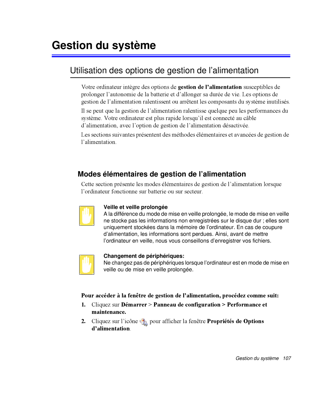 Samsung NP-M55C000/SEF, NP-M55T000/SEF manual Gestion du système, Utilisation des options de gestion de l’alimentation 