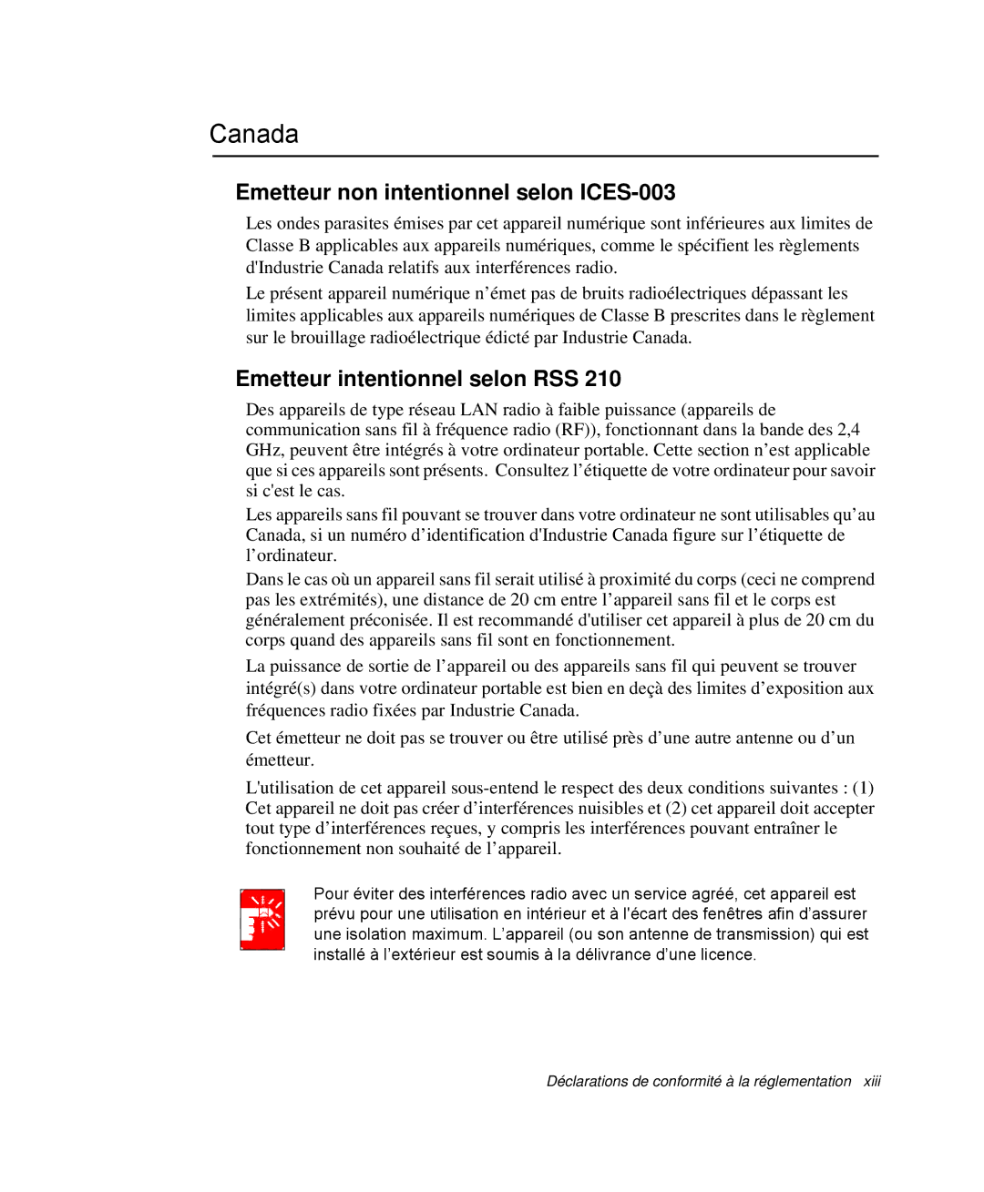 Samsung NP-M55C000/SEF, NP-M55T000/SEF Canada, Emetteur non intentionnel selon ICES-003, Emetteur intentionnel selon RSS 