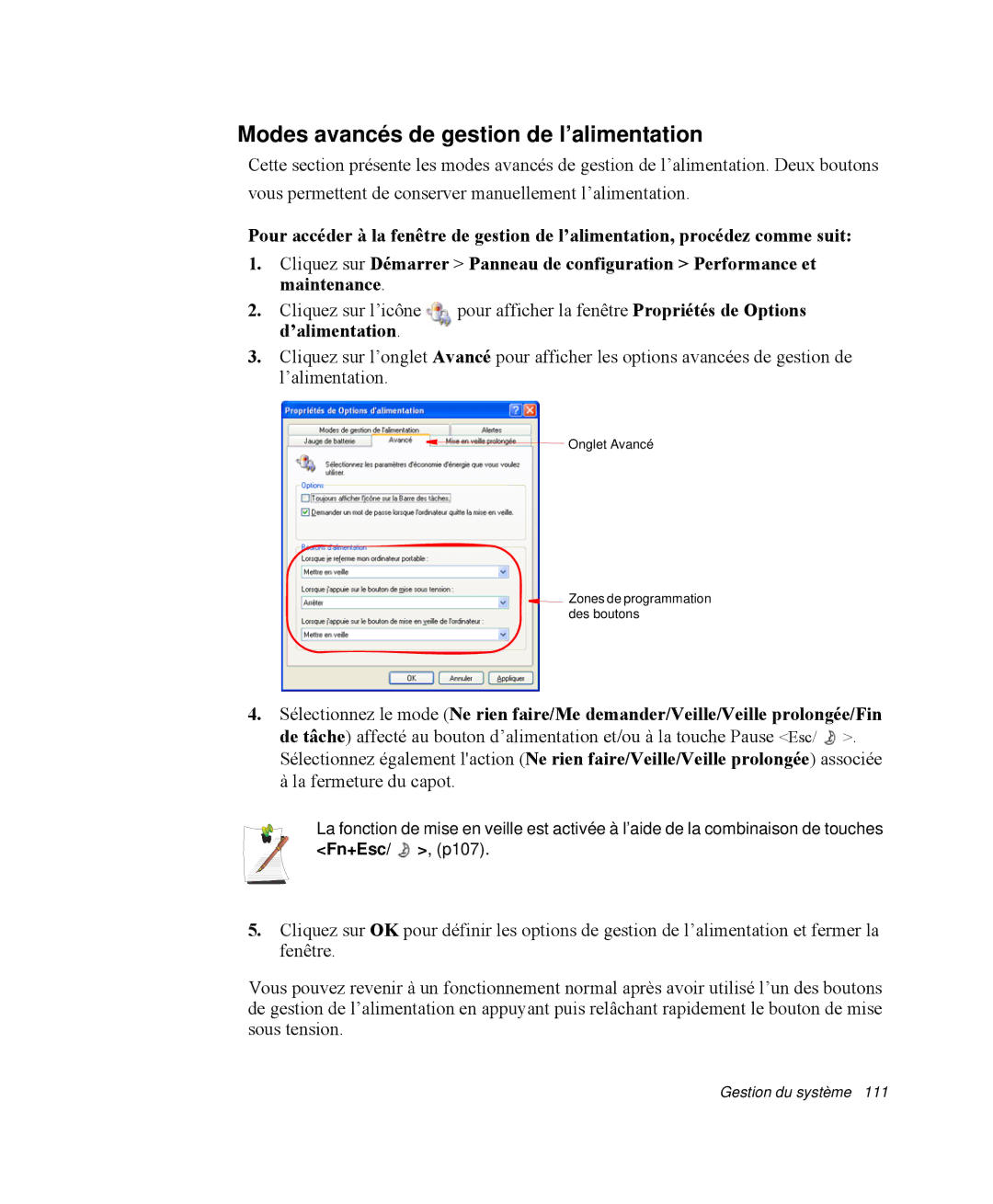 Samsung NP-M55G000/SEF, NP-M55T000/SEF, NP-M55C000/SEF manual Modes avancés de gestion de l’alimentation 