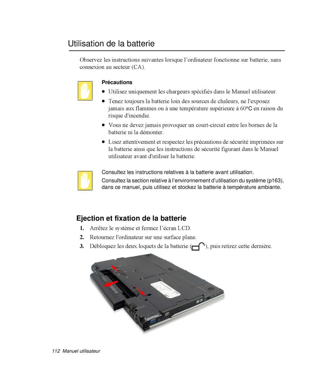 Samsung NP-M55T000/SEF, NP-M55C000/SEF manual Utilisation de la batterie, Ejection et fixation de la batterie, Précautions 