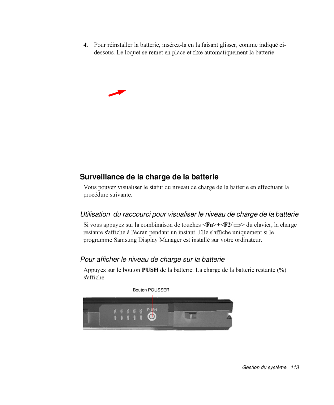 Samsung NP-M55C000/SEF manual Surveillance de la charge de la batterie, Pour afficher le niveau de charge sur la batterie 