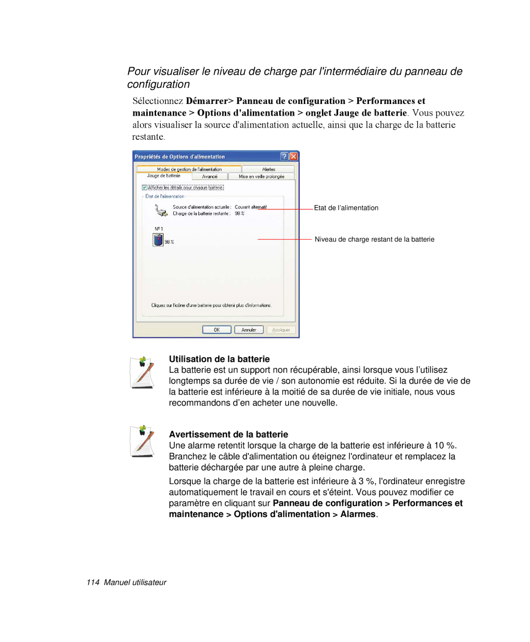 Samsung NP-M55G000/SEF, NP-M55T000/SEF, NP-M55C000/SEF manual Utilisation de la batterie, Avertissement de la batterie 