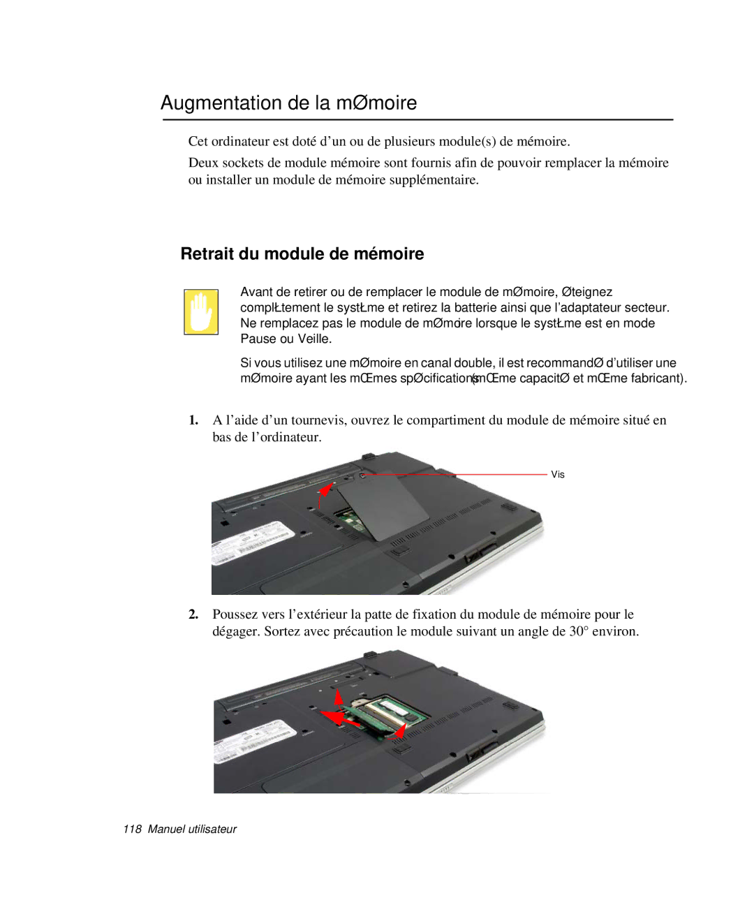 Samsung NP-M55T000/SEF, NP-M55C000/SEF, NP-M55G000/SEF manual Augmentation de la mémoire, Retrait du module de mémoire 