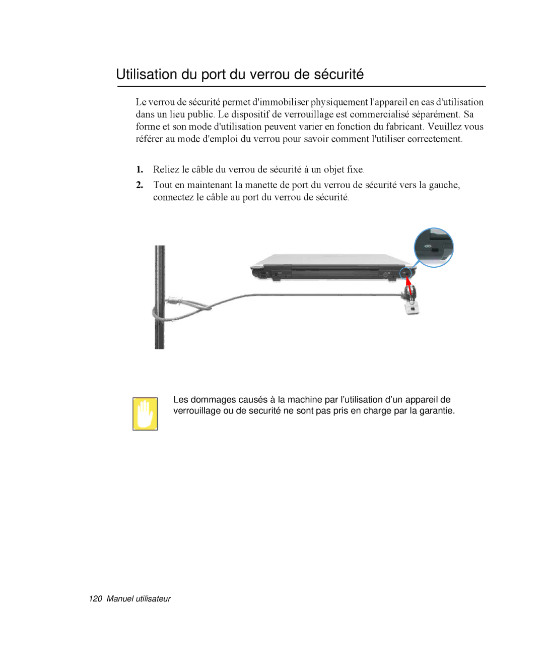 Samsung NP-M55G000/SEF, NP-M55T000/SEF, NP-M55C000/SEF manual Utilisation du port du verrou de sécurité 