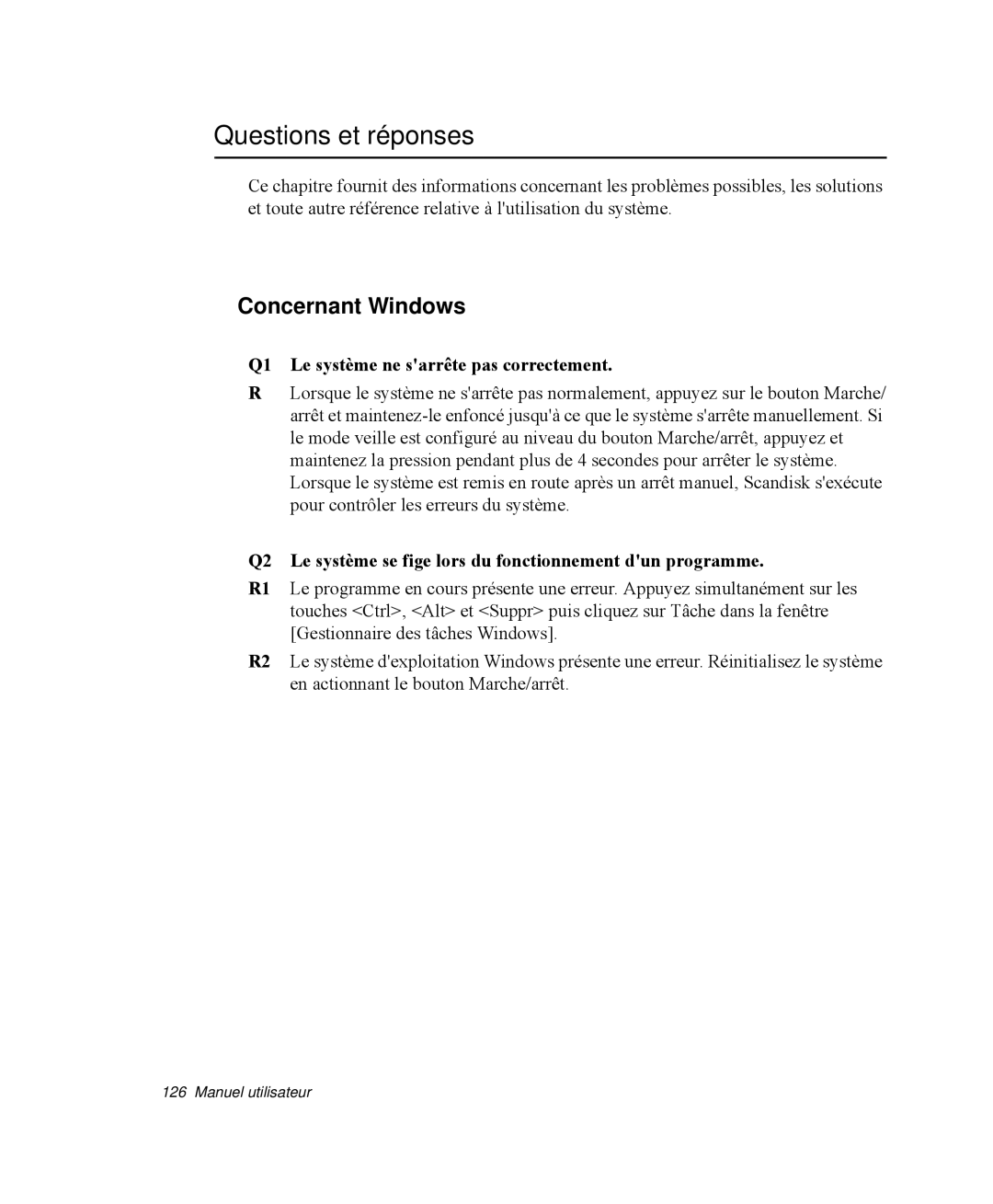 Samsung NP-M55G000/SEF manual Questions et réponses, Concernant Windows, Q1 Le système ne sarrête pas correctement 