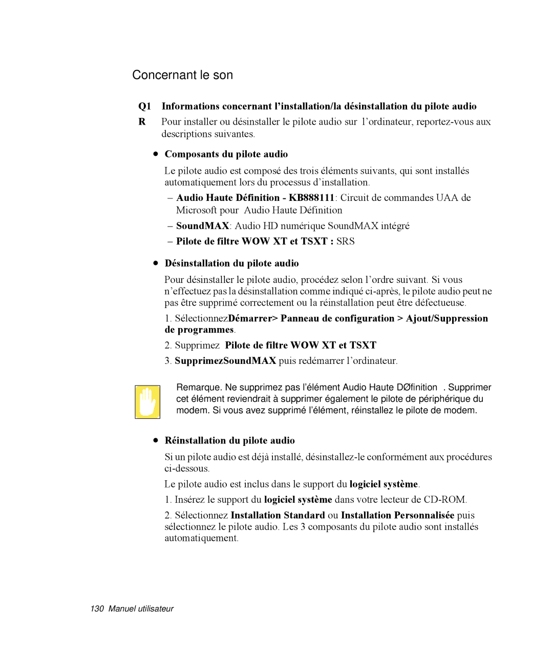 Samsung NP-M55T000/SEF, NP-M55C000/SEF manual Concernant le son, Composants du pilote audio, Réinstallation du pilote audio 