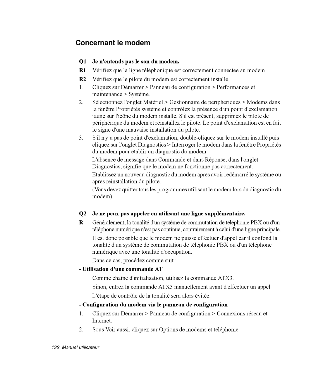 Samsung NP-M55G000/SEF manual Concernant le modem, Q1 Je nentends pas le son du modem, Utilisation dune commande AT 