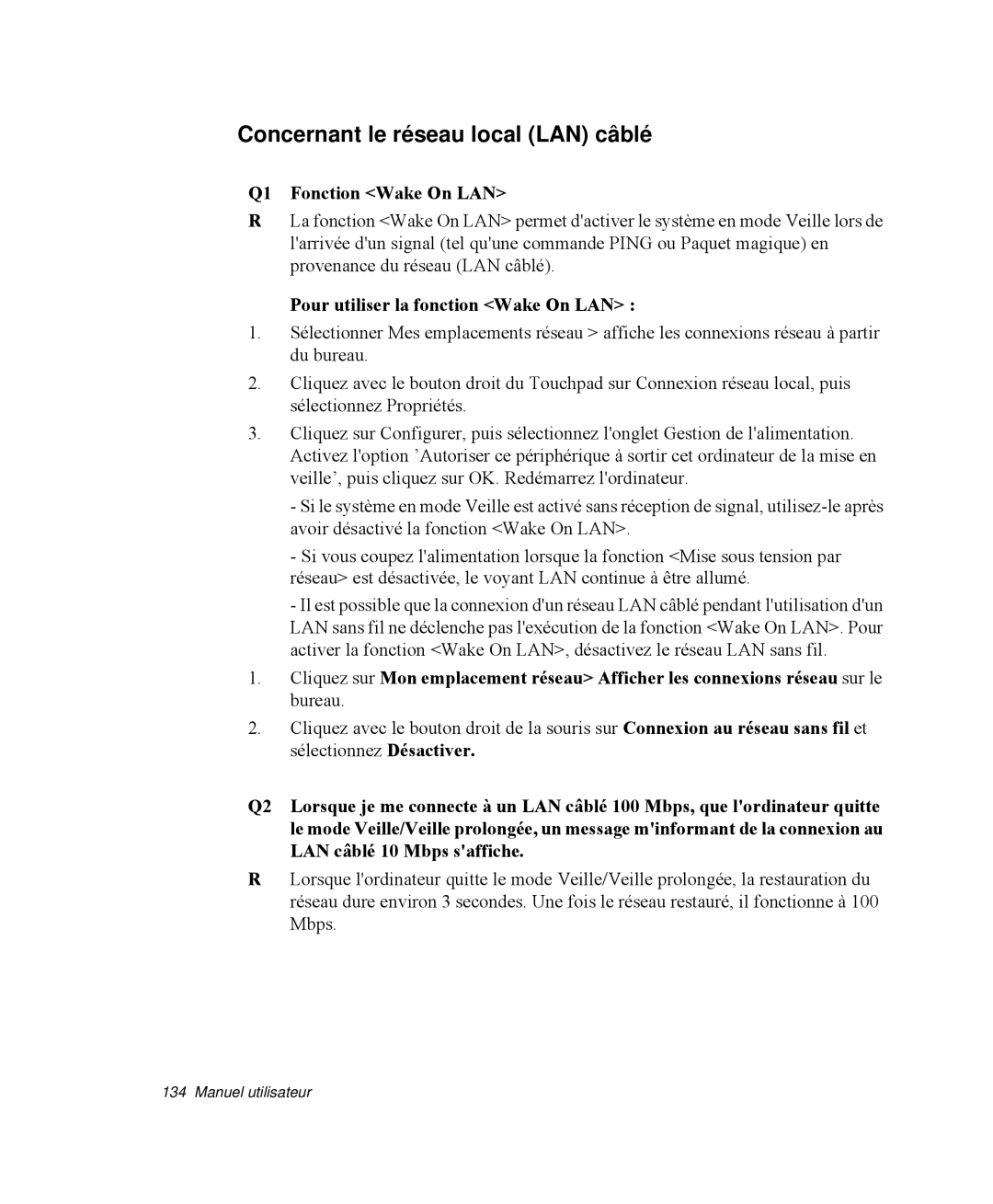 Samsung NP-M55C000/SEF, NP-M55T000/SEF, NP-M55G000/SEF manual Concernant le réseau local LAN câblé, Q1 Fonction Wake On LAN 