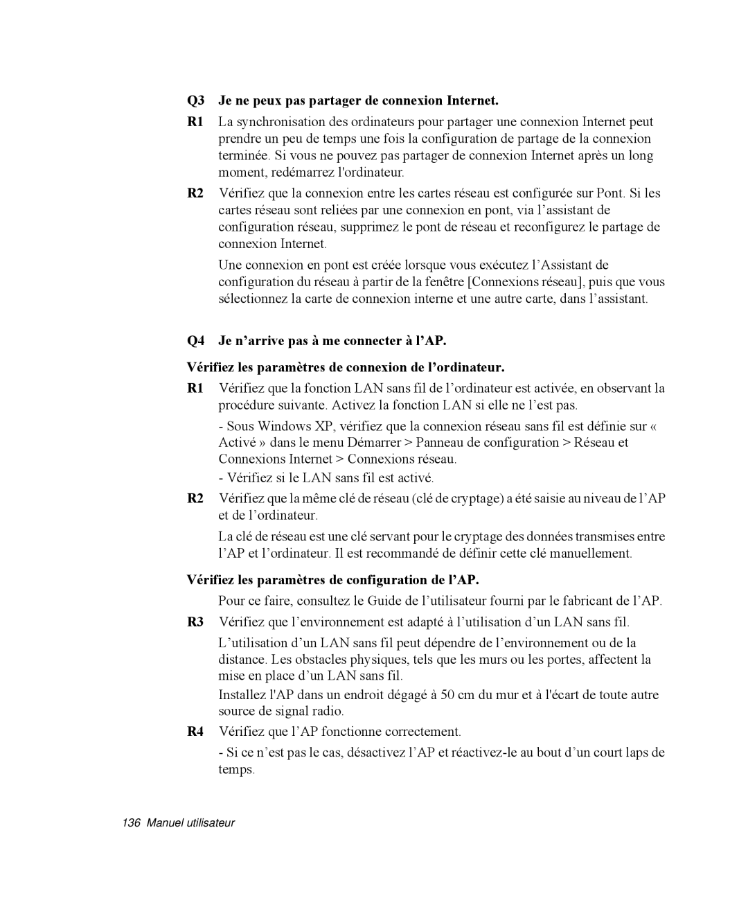 Samsung NP-M55T000/SEF Q3 Je ne peux pas partager de connexion Internet, Vérifiez les paramètres de configuration de l’AP 