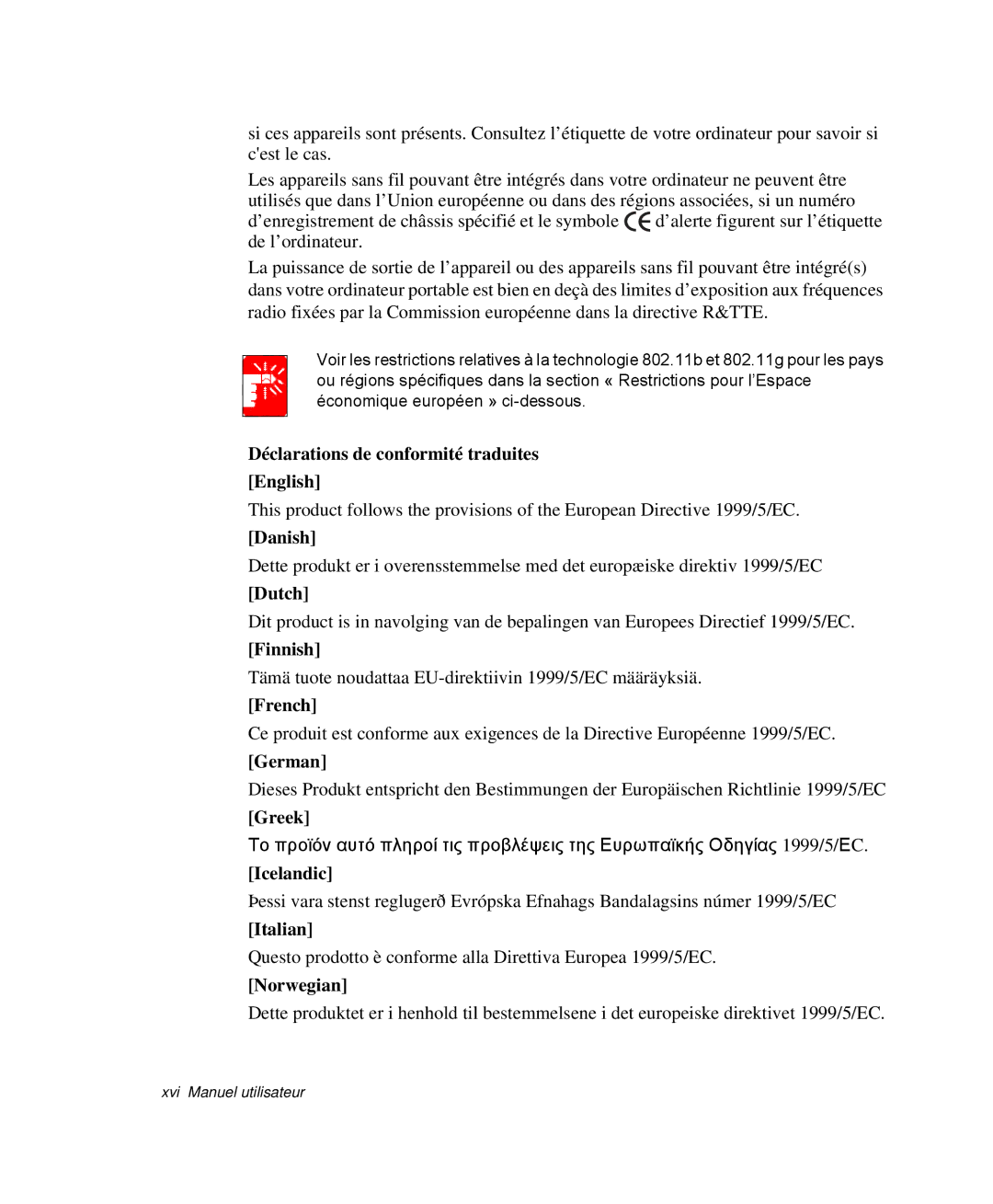 Samsung NP-M55C000/SEF manual Déclarations de conformité traduites English, Danish, Dutch, Finnish, French, German, Greek 