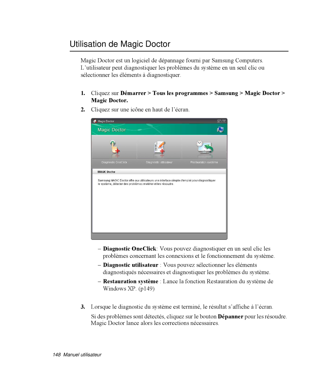 Samsung NP-M55T000/SEF, NP-M55C000/SEF, NP-M55G000/SEF manual Utilisation de Magic Doctor 