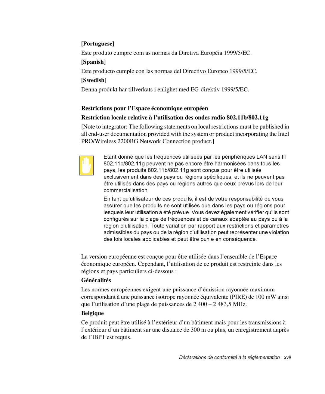 Samsung NP-M55G000/SEF, NP-M55T000/SEF, NP-M55C000/SEF manual Portuguese, Spanish, Swedish, Généralités, Belgique 