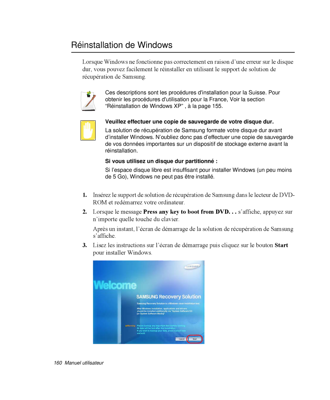 Samsung NP-M55T000/SEF, NP-M55C000/SEF manual Réinstallation de Windows, Si vous utilisez un disque dur partitionné 