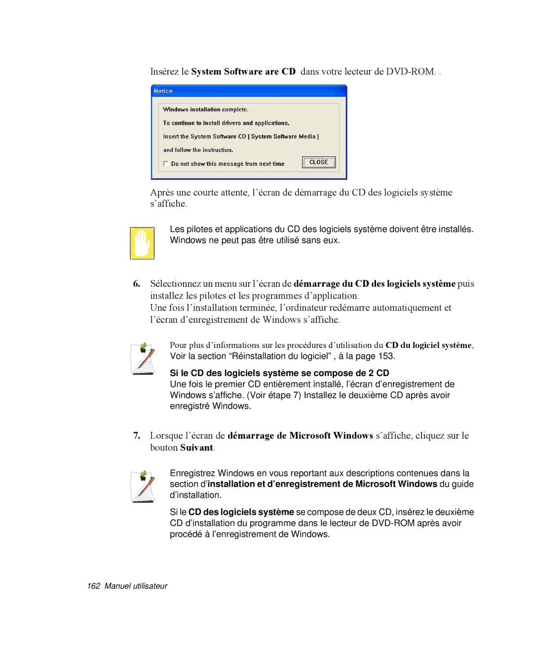 Samsung NP-M55G000/SEF, NP-M55T000/SEF, NP-M55C000/SEF manual Si le CD des logiciels système se compose de 2 CD 