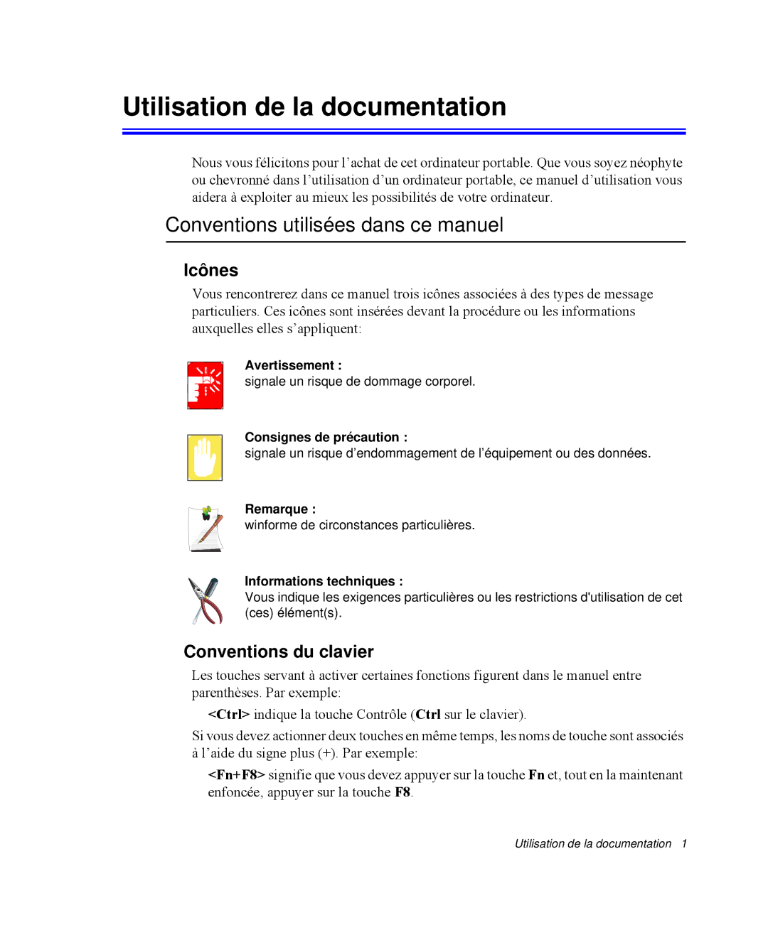 Samsung NP-M55T000/SEF, NP-M55C000/SEF manual Utilisation de la documentation, Conventions utilisées dans ce manuel, Icônes 