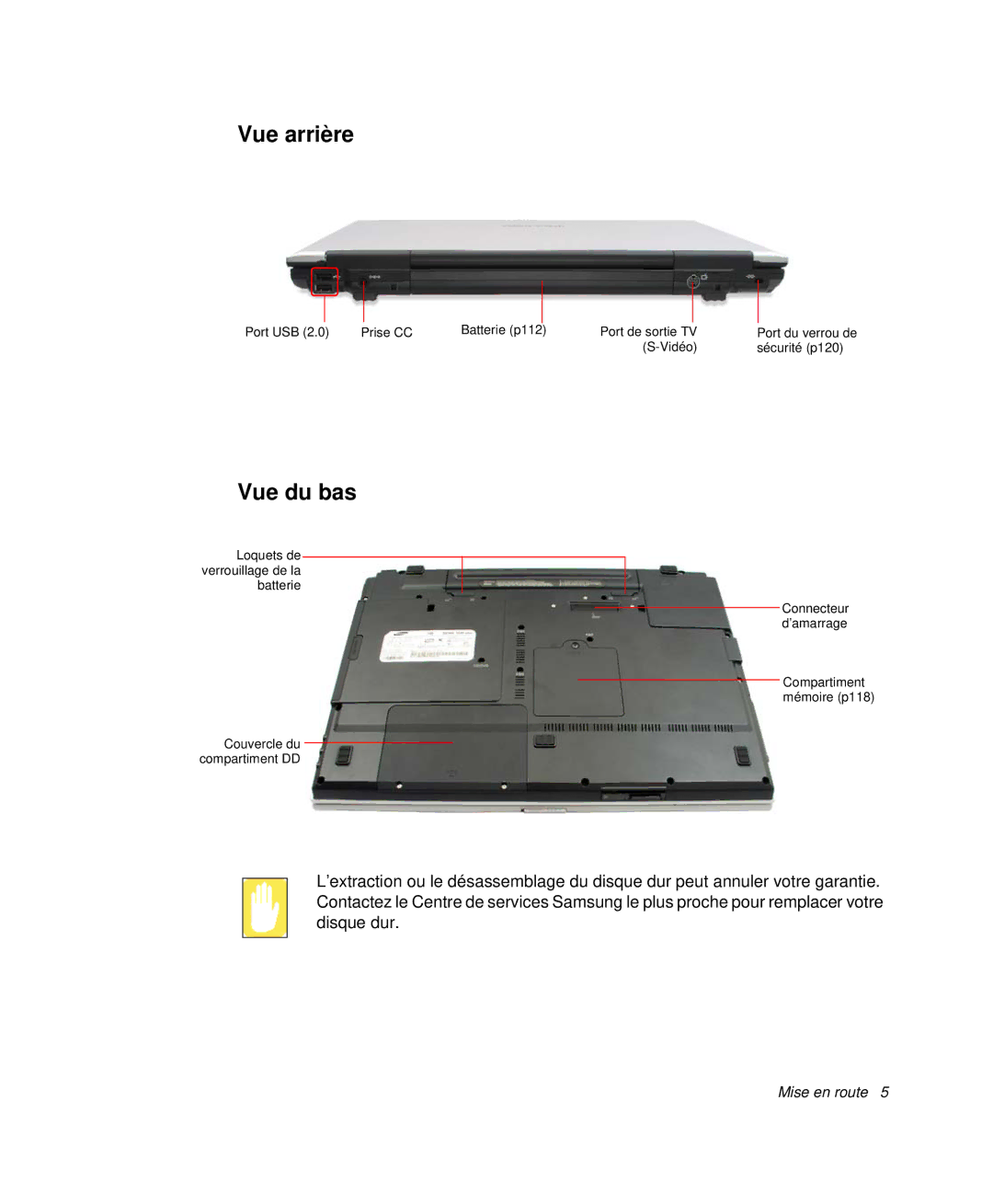 Samsung NP-M55C000/SEF, NP-M55T000/SEF, NP-M55G000/SEF manual Vue arrière, Vue du bas 