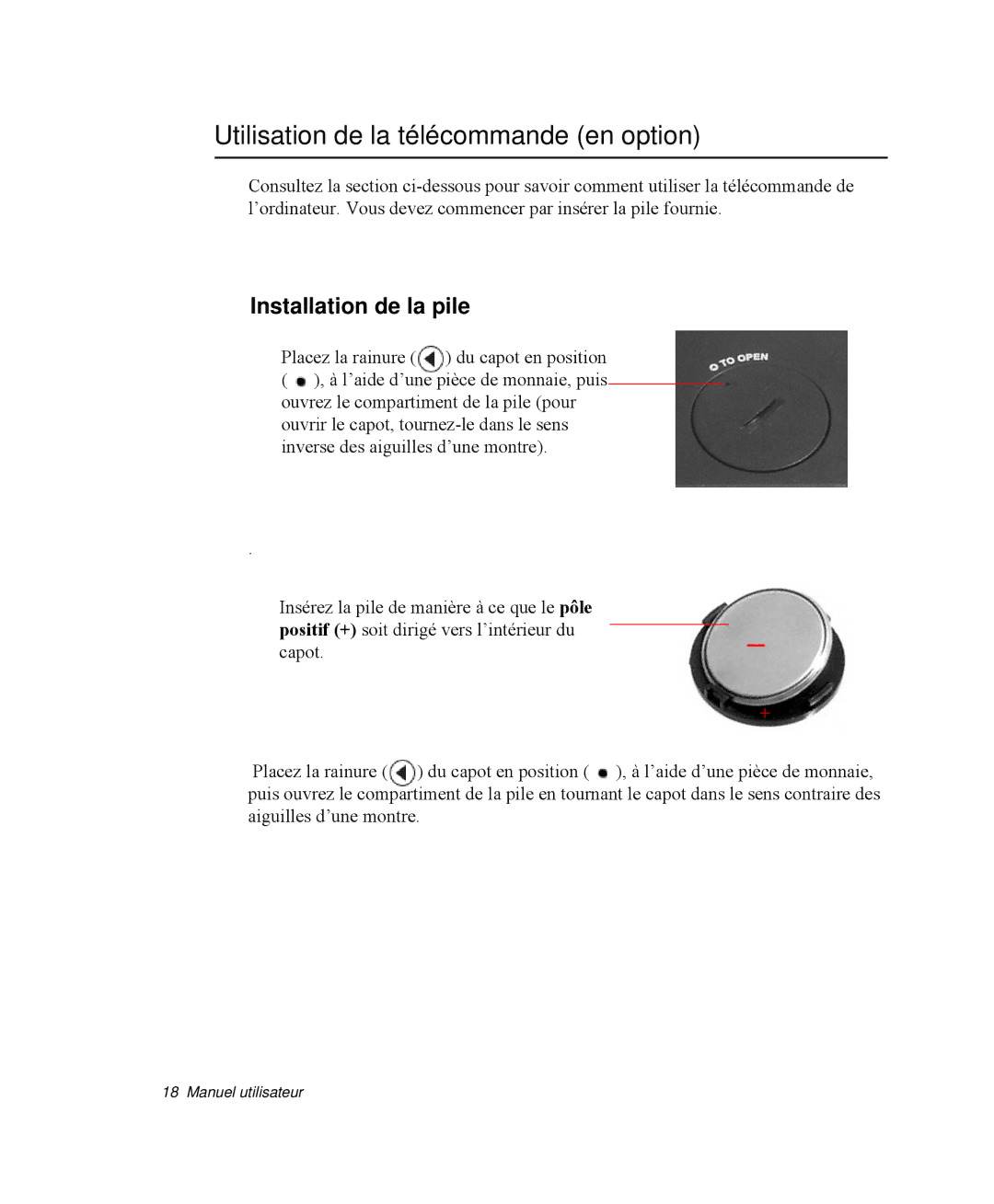 Samsung NP-M55G000/SEF, NP-M55T000/SEF, NP-M55C000/SEF Utilisation de la télécommande en option, Installation de la pile 