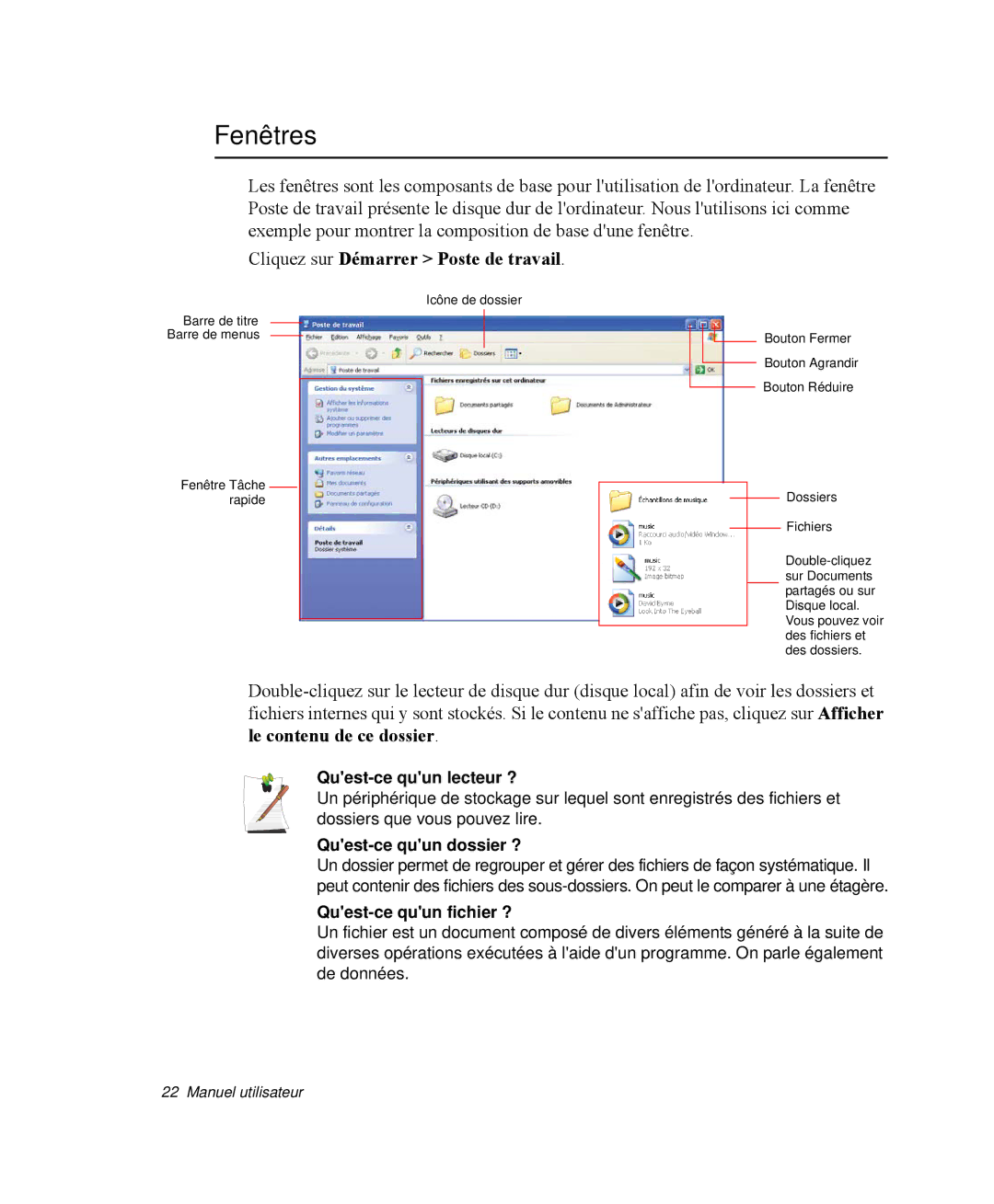 Samsung NP-M55T000/SEF Fenêtres, Cliquez sur Démarrer Poste de travail, Quest-ce quun lecteur ?, Quest-ce quun dossier ? 