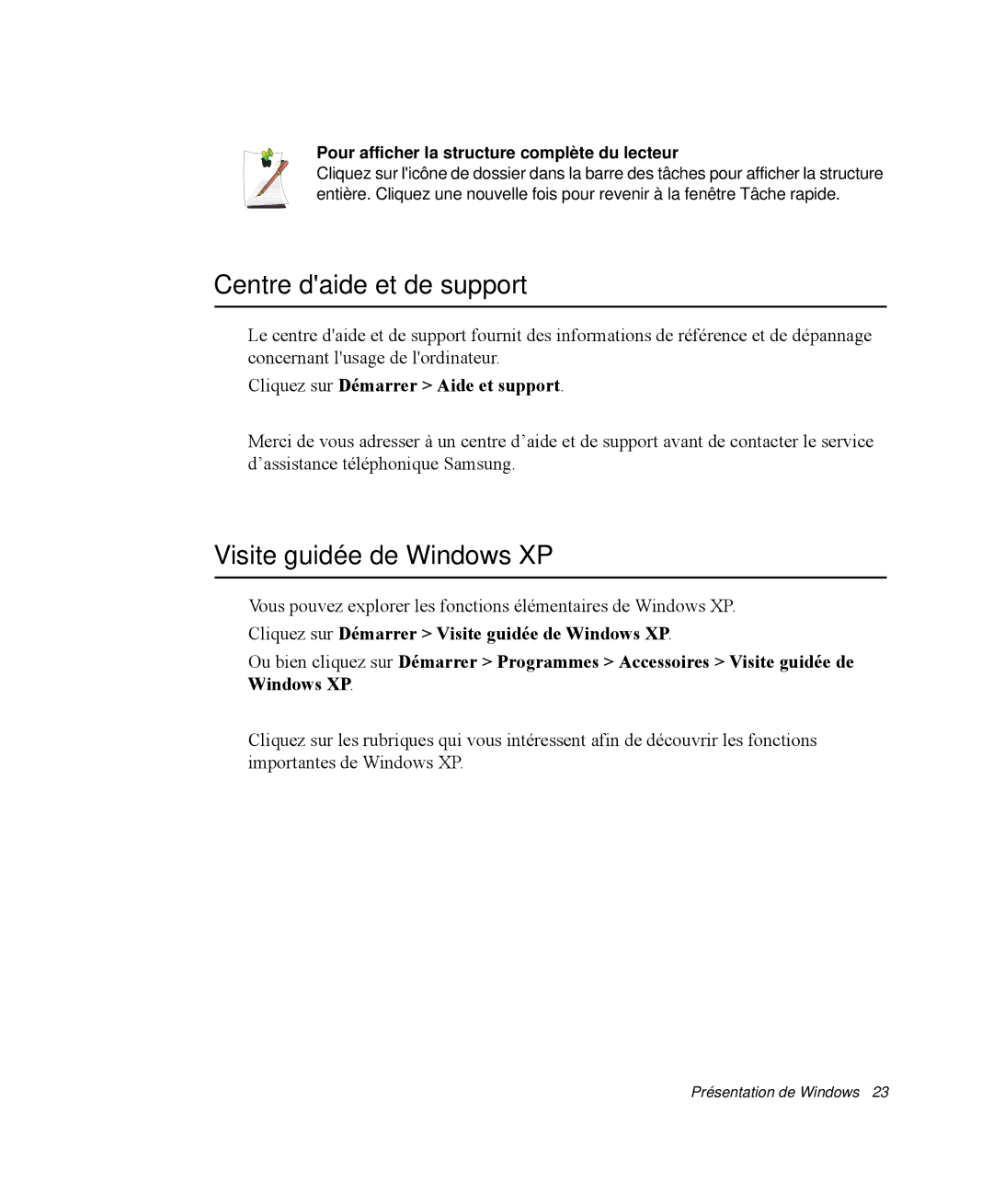 Samsung NP-M55C000/SEF manual Centre daide et de support, Visite guidée de Windows XP, Cliquez sur Démarrer Aide et support 